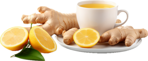 AI generated fresh ginger roots lemon and cup of tea png