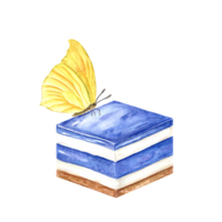 Square cake with berry yoghurt cream. White and blue mousse. Yellow butterfly sitting on dessert. Slice of cheesecake, custard, tart. Watercolor illustration for recipe, menu, package design png