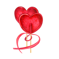 Bright red caramels in the shape of heart decorated with red ribbon. Bouquet of candies, bonbons, lollipop, sugar caramels on stick. Watercolor illustration. Valentines day, mother day, love png