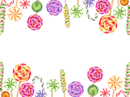 Horizontal frame of mix lollipops. Colorful spiral, circle candies, bonbon with striped swirls, sugar caramels on stick. Copy space for text. Watercolor illustration. Label, card png