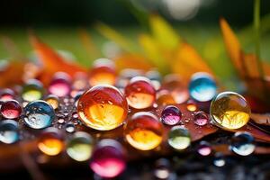AI generated Side macro view of rainbow water drops on the ground, abstract background photo