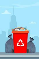 Full garbage bin and black plastic trash bags around. Overflowing recycling container with trash. Red recycle can. Street dump pollution, trashcan basket. City on background. Vector illustration.