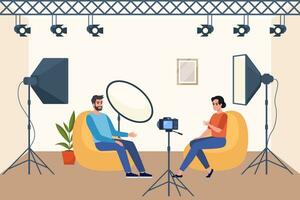 Shooting interview in professional studio. Soft box light, camera, spotlight. Professional equipment for video shooting. Two people having conversation on camera, making content. Vector illustration.