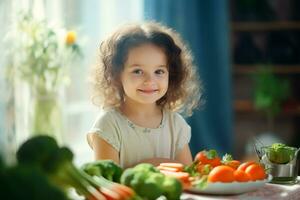 ai generado un pequeño niño se sienta a el mesa en frente de él verduras, brócoli, zanahorias, Tomates, repollo foto