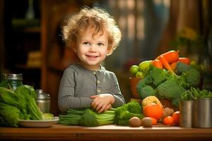 ai generado un pequeño niño se sienta a el mesa en frente de él verduras, brócoli, zanahorias, Tomates, repollo foto