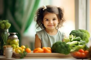 ai generado un pequeño niño se sienta a el mesa en frente de él verduras, brócoli, zanahorias, Tomates, repollo foto