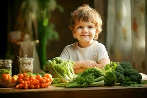 AI generated A small child sits at the table in front of him vegetables, broccoli, carrots, tomatoes, cabbage photo