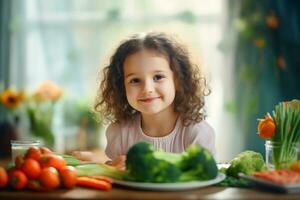 AI generated A small child sits at the table in front of him vegetables, broccoli, carrots, tomatoes, cabbage photo