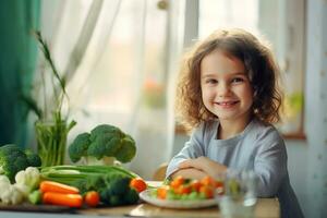 ai generado un pequeño niño se sienta a el mesa en frente de él verduras, brócoli, zanahorias, Tomates, repollo foto