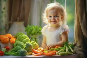 ai generado un pequeño niño se sienta a el mesa en frente de él verduras, brócoli, zanahorias, Tomates, repollo foto