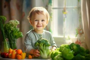 AI generated A small child sits at the table in front of him vegetables, broccoli, carrots, tomatoes, cabbage photo