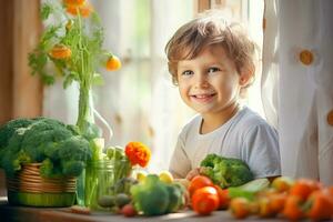 AI generated A small child sits at the table in front of him vegetables, broccoli, carrots, tomatoes, cabbage photo