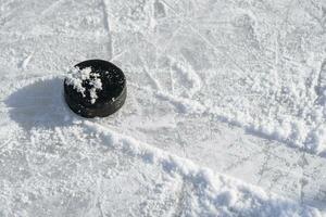 hockey puck lies on the ice in the stadium photo