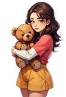 AI generated Girl Hugging Teddy Bear Cartoon Sticker png