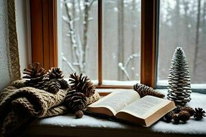 AI generated Cozy Atmosphere Winter Window Sill photo