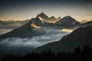 ai generado amanecer ver de montaña picos en nubes foto