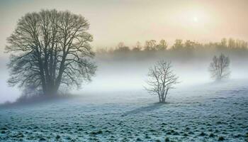 AI generated Frosty Field in Morning Mist at Sunrise photo