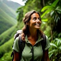 ai generado un alegre dama con mochila levantamiento mano aprecia naturaleza foto