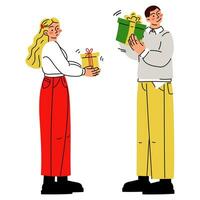 A bright couple gives each other gifts on a white background. Vector guy and girl, vector flat illustration of opening gifts, emotions. They give gifts. A surprise gift box. Christmas, New Year