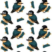 el modelo es gorriones o aves en tapas. lujoso aves en un patineta. vector ilustración de repitiendo aves con un gorra y un patineta, de pie, montando en un blanco antecedentes. un deportivo pájaro