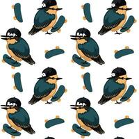 The pattern is sparrows or birds in caps. Fancy birds on a skateboard. Vector illustration of repeating birds with a cap and a skateboard, standing, riding on a white background. A sporting bird