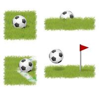 Soccer ball on field with green grass and white line. Vector realistic background .