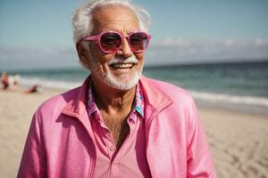 AI generated A high self-confident old woman. Laughing happily in a bright orange outfit Wearing cool sunglasses in her store photo