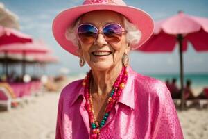 ai generado un alto seguro de sí mismo antiguo mujer. riendo felizmente en un brillante naranja atuendo vistiendo frio Gafas de sol en su Tienda foto