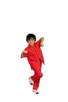 little boy fashion Smiling child in red chinese dress, style and fashion ideas for children. photo