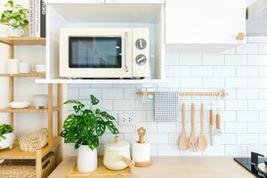 Minimalistic modern kitchen in pastel colors with kitchenware and space photo