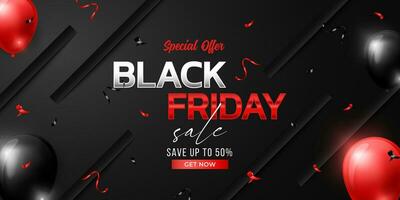 Black Friday Sale Promo Banner with Abstract Balloon Red and Black. Ratio 2-1 Landscape. Template Vector EPS10.