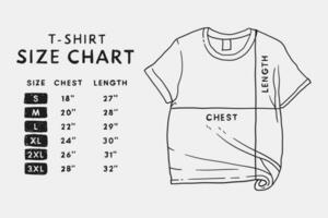 Black and white line drawing of a t-shirt size chart vector