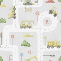 Road with Cars seamless Pattern Watercolor illustration. Hand drawn background Map of the city for children to play with toys. For baby boy nursery carpet or fabric and textile photo