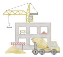 Building Construction Watercolor illustration. Hand drawn clip art of concrete mixer and lifting crane on isolated background. Baby boy tshirt print. Drawing of hoisting machine and house frame png