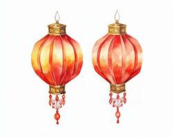 AI generated Red and gold chinese lanterns isolated on black background. Asian new year red lamps festival AI generative photo