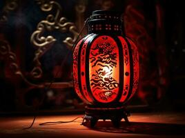 ai generado rojo y oro chino linternas aislado en negro antecedentes. asiático nuevo año rojo lamparas festival ai generativo foto