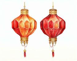 AI generated Red and gold chinese lanterns isolated on black background. Asian new year red lamps festival AI generative photo