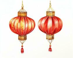 AI generated Red and gold chinese lanterns isolated on black background. Asian new year red lamps festival AI generative photo