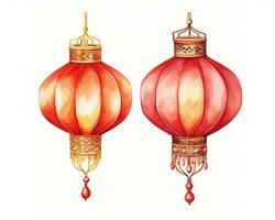 AI generated Red and gold chinese lanterns isolated on black background. Asian new year red lamps festival AI generative photo