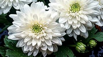 hermosa blanco crisantemos floreciente en el jardín durante el lluvia. ai generativo. foto