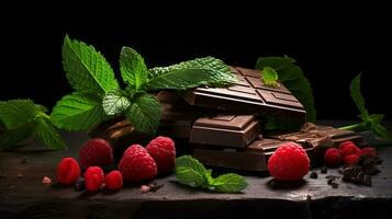 AI generated Broken chocolate bar, mint leaf and raspberries on dark background. AI generated photo