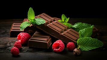 AI generated Broken chocolate bar, mint leaf and raspberries on dark background. AI generated photo