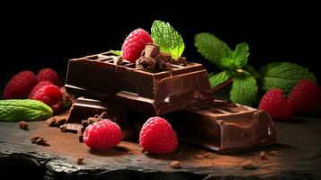 AI generated Broken chocolate bar, mint leaf and raspberries on dark background. AI generated photo