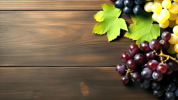 AI generated Top view of bunches of white and dark grapes with leaves on a wooden surface. Place for text. AI generative. photo