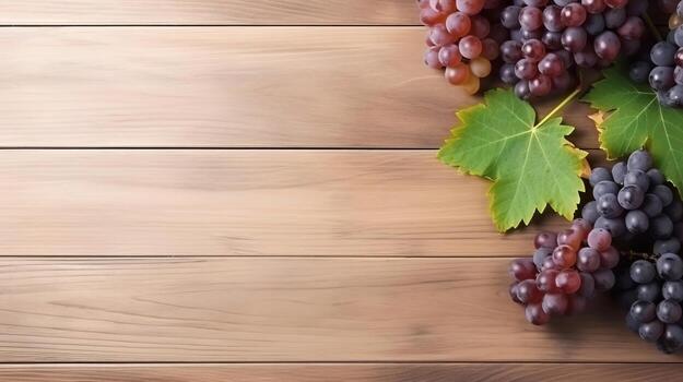 AI generated Top view of bunches of white and dark grapes with leaves on a wooden surface. Place for text. AI generative. photo