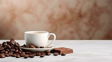 AI generated White coffee cup next to pieces of chocolate bar and coffee beans. AI generative. photo