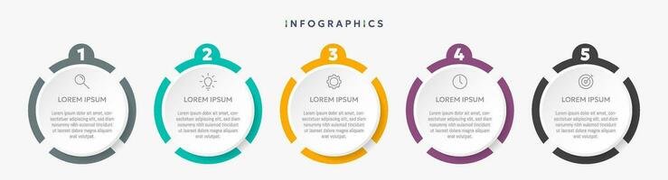 Paper infographic template with 5 circle options for presentation and data visualization. Business process chart.Diagram with Five steps to success.For content,flowchart, workflow. vector