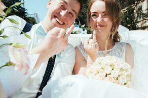 the bride and groom are photographed in the car photo