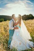 the bride and groom are photographed on the nature photo