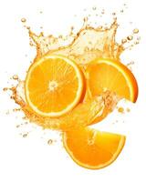 AI generated Falling Fresh orange with splash of water high detail on white background photo